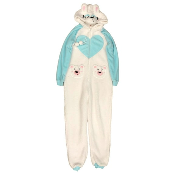 Womens Plush White Teddy Bear Themed Pajamas Blanket Sleeper Union Suit Medium