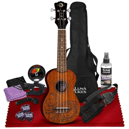 Luna Tattoo Mahogany Soprano Ukulele with Mahogany Neck, Walnut Fretboard, Basic Accessories Bundle w/ Tuner, Care Kit for Beginner Musicians