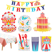 DECORLIFE 143PCS Carnival Birthday Party Supplies for 16 Guests, 54" x 108" Carnival Tablecloth, Cupcake Stand, Popcorn Boxes, Plates Included for Circus Theme Party Decorations