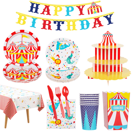 DECORLIFE 143PCS Carnival Birthday Party Supplies for 16 Guests, 54" x 108" Carnival Tablecloth, Cupcake Stand, Popcorn Boxes, Plates Included for Circus Theme Party Decorations