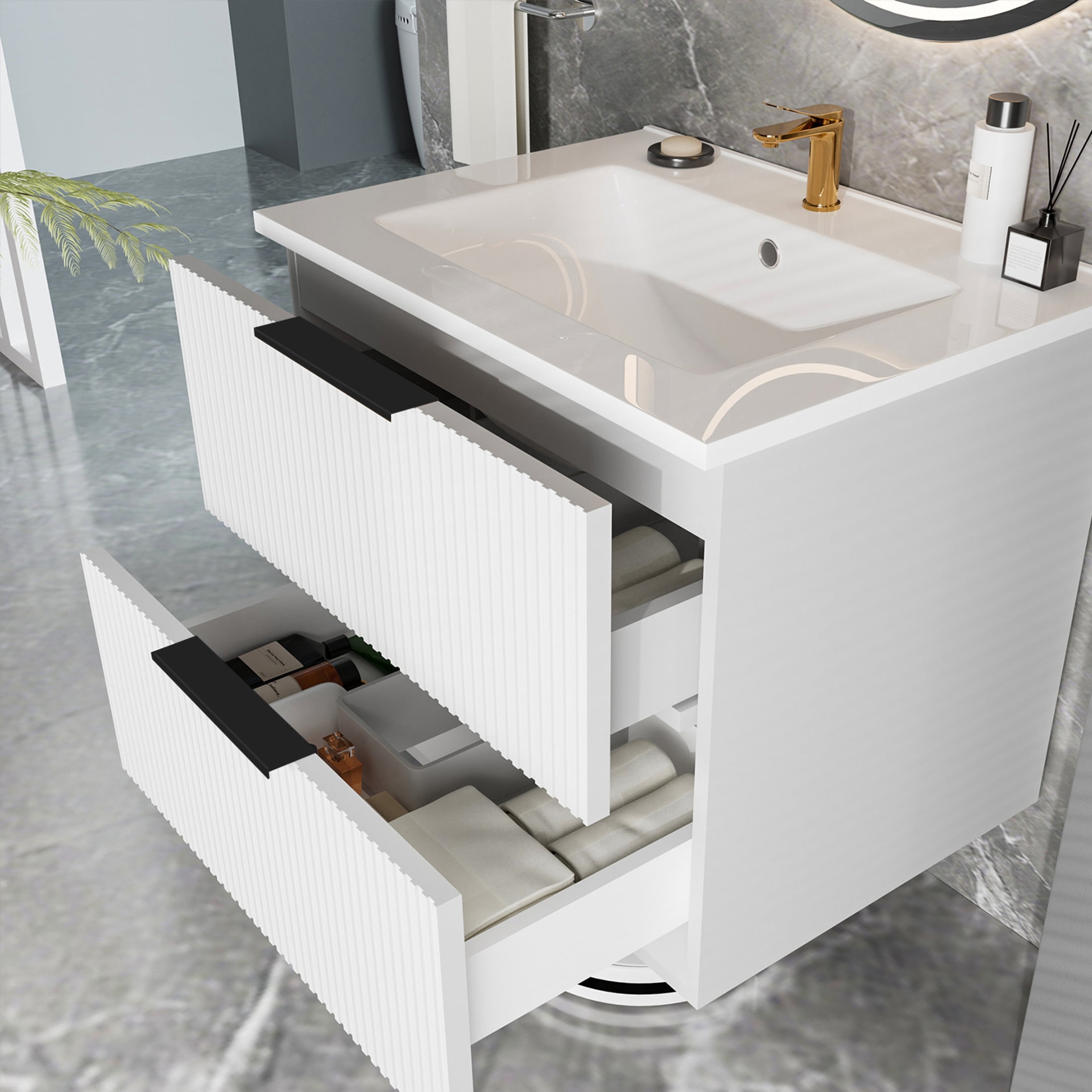 Noble House 24" Wall Mounted Floating Bathroom Vanity with Sink, 2 Drawers, Modern Cabinet, Matte White