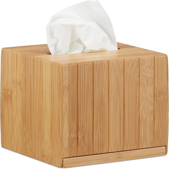 DEBGFS Square Facial Tissue Box, Wooden Bamboo Cosmetic Tissue Dispenser, Cover, HWD: 14 x 14 x 14 cm, Natural