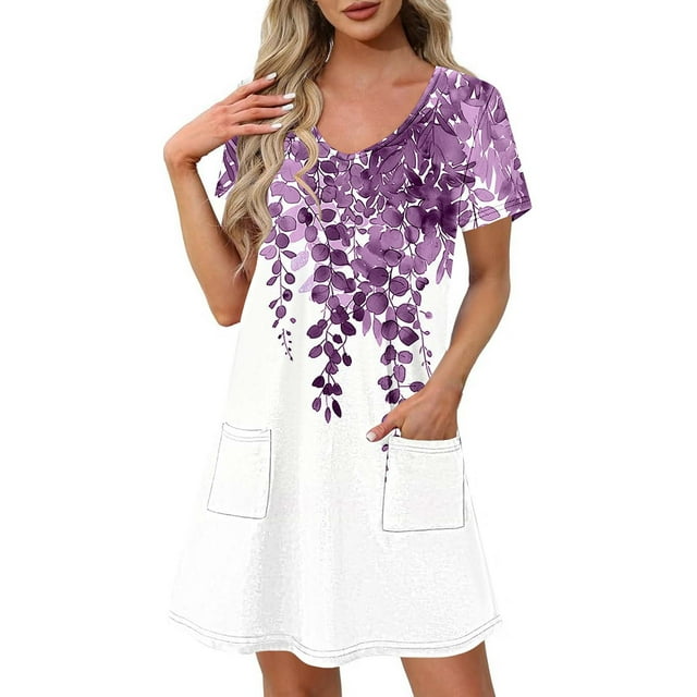 Vestido Corto de Verano Moda Gradiente Corto de Manga en V Cuello Vestido Casual, Poliéster Ligero de Verano, Lavado de Manos