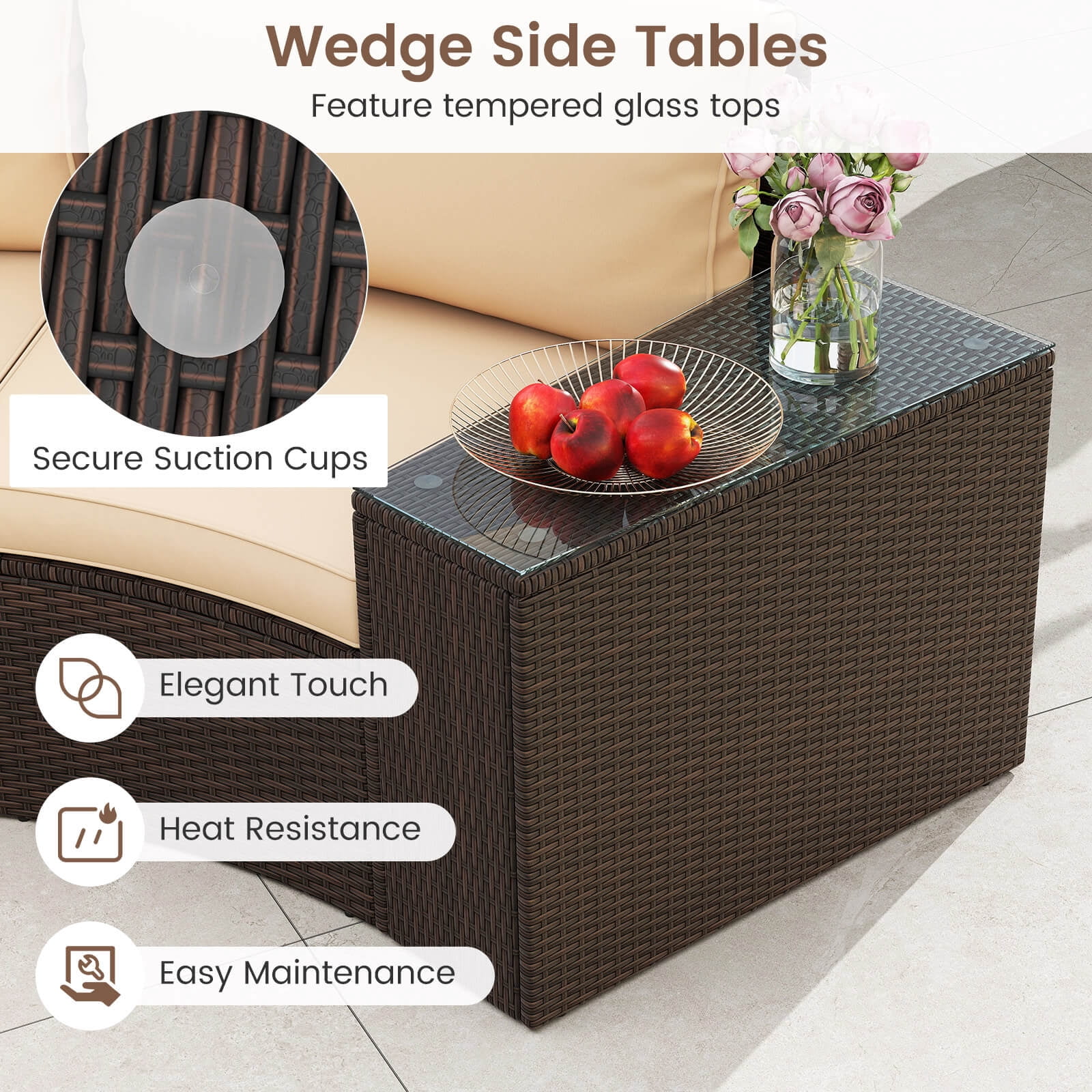 Costway 5 PCS Patio Furniture Set with Tempered Glass Top Side Tables Back & Seat Cushions