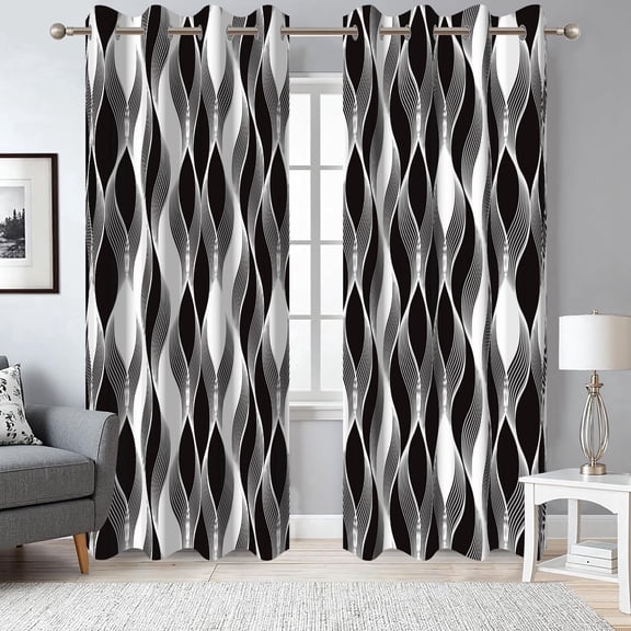 2 Panels Black and White Blackout Curtains for Bedroom,Abstract Striped Grommet Window Drapes for Living Room,52x84 Inch
