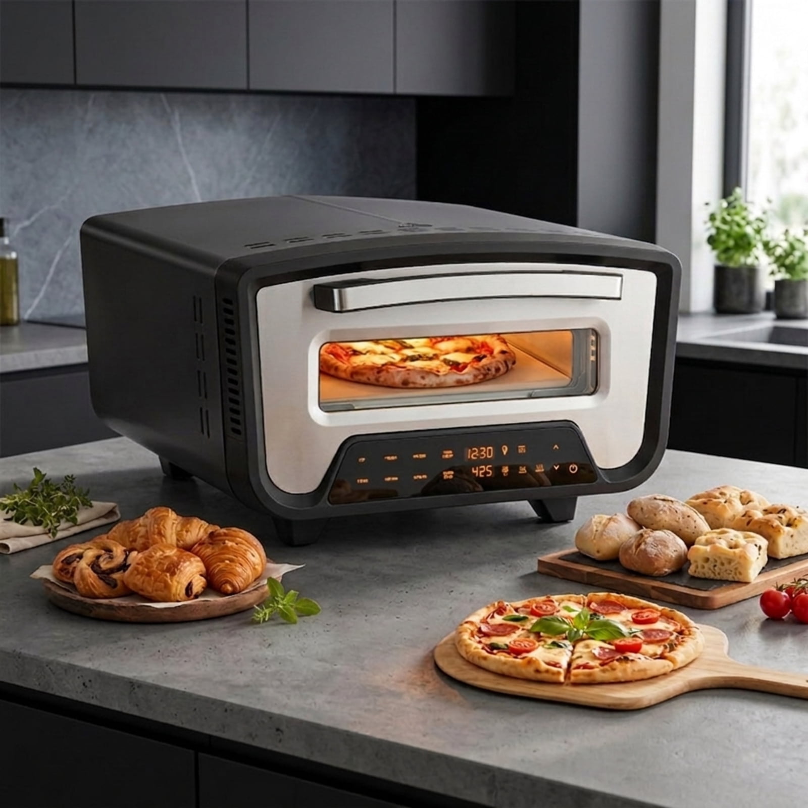 RUIE Indoor Electric Pizza Oven for 12 Inch Pizzas, 1700W Countertop Pizza Maker with 8 Presets 850F Pizza Stone and Peel for Home Kitchen, Black