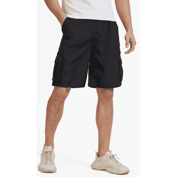 Puztloy Men's Cargo Shorts Work Gym Medium Elastic Waist Drawstring with Zippered Pockets Relaxed Fit Outdoor Casual Pant , Black