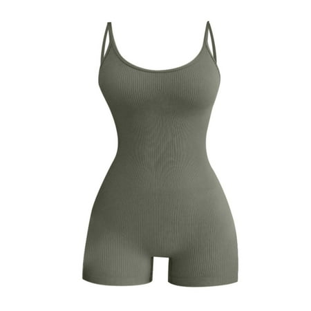 RYKJLWY Floral Overalls for Women Women s Round Neck Sleeveless Suspender Solid Color Jumpsuit Sexy Suspender Bodysuit Boho Outfits for Women(Green1 XL)