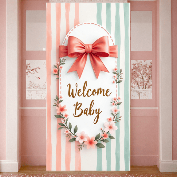 Floral Design Welcome Baby Banner Decorative Ribbon Welcome Banner Flower Theme for Newborn Party Baby Shower Celebration