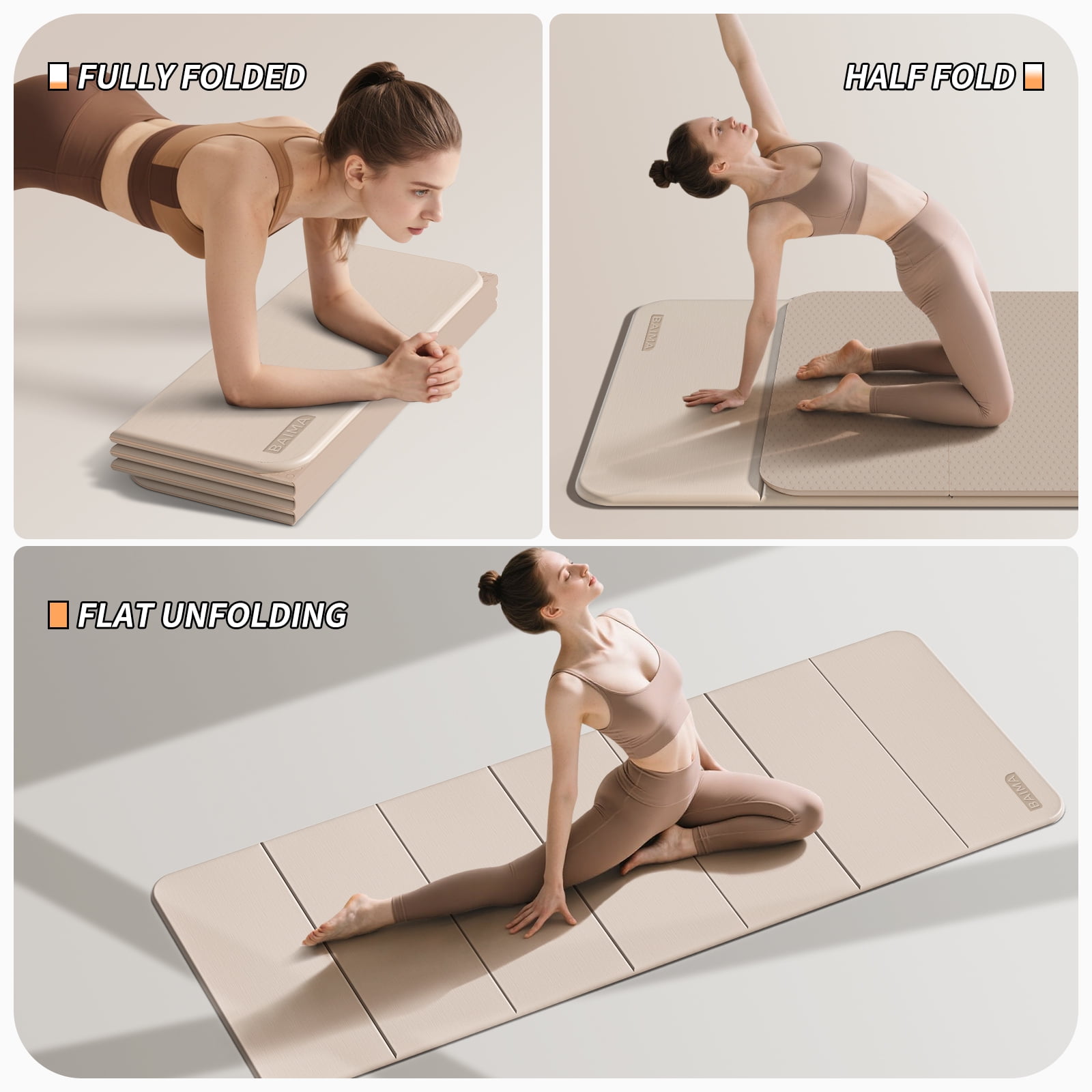 BAIMA Foldable Yoga Mat 10mm Thick , Workout Mats for Home Gym , Pilates,Quick Unfold/Stor,Non-Slip Surface,3.5lbs(Beige)