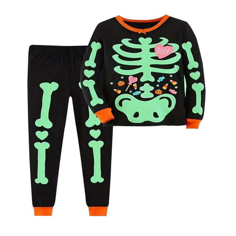 WIBACKER Toddler Kids Little Boy Girl 2pcs Snug Fit Glow in the Dark Halloween Skeleton Pjs Cotton Long Sleeve Sleepwear Walmart