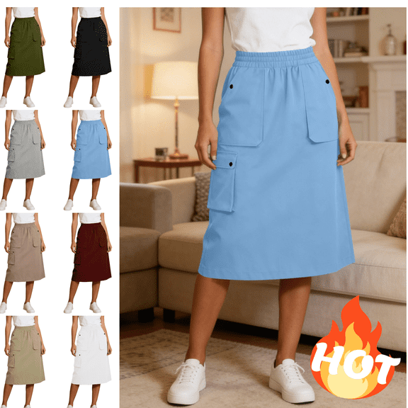 Mifsaly Cargo Skirts for Women Midi High Waist Utility A-Line Skirt with 3 Pockets Y2K Fashion Casual Summer Clothes 2026 Light Blue,XXL