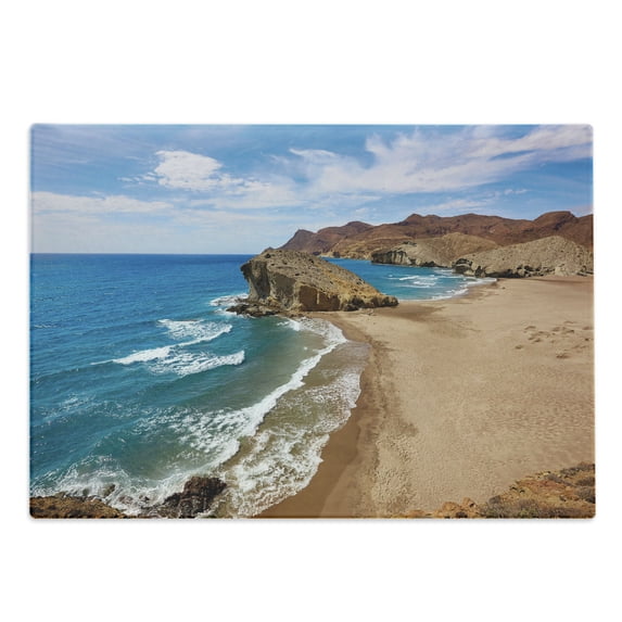 Landscape Cutting Board, Ocean View Tranquil Beach Cabo De Gata Spain Coastal Photo Scenic Summer Scenery, Decorative Tempered Glass Cutting and Serving Board, Large Size, Blue Brown, by Ambesonne
