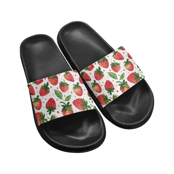 Psesaysky Strawberry Printed Slide Sandals for Women Girls Comfortable Non-Slip House Sandals Daily Slippers Water Slides Gift for Wife Daughters Black Sole Size 5