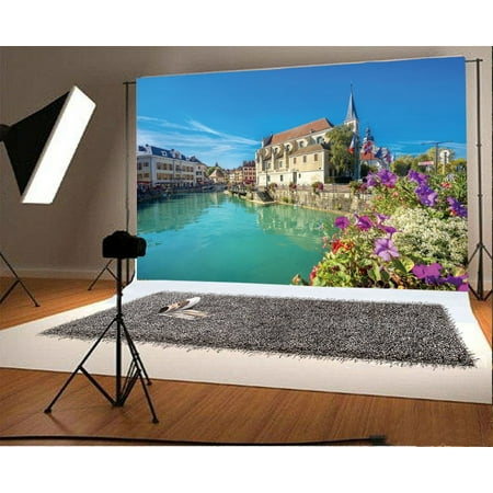 Image of 7x5ft Backdrop Church of Saint Francois de Sales in Annecy France River European Town Blue Sky Travel Photography Background Kids Adults Photo Studio Props
