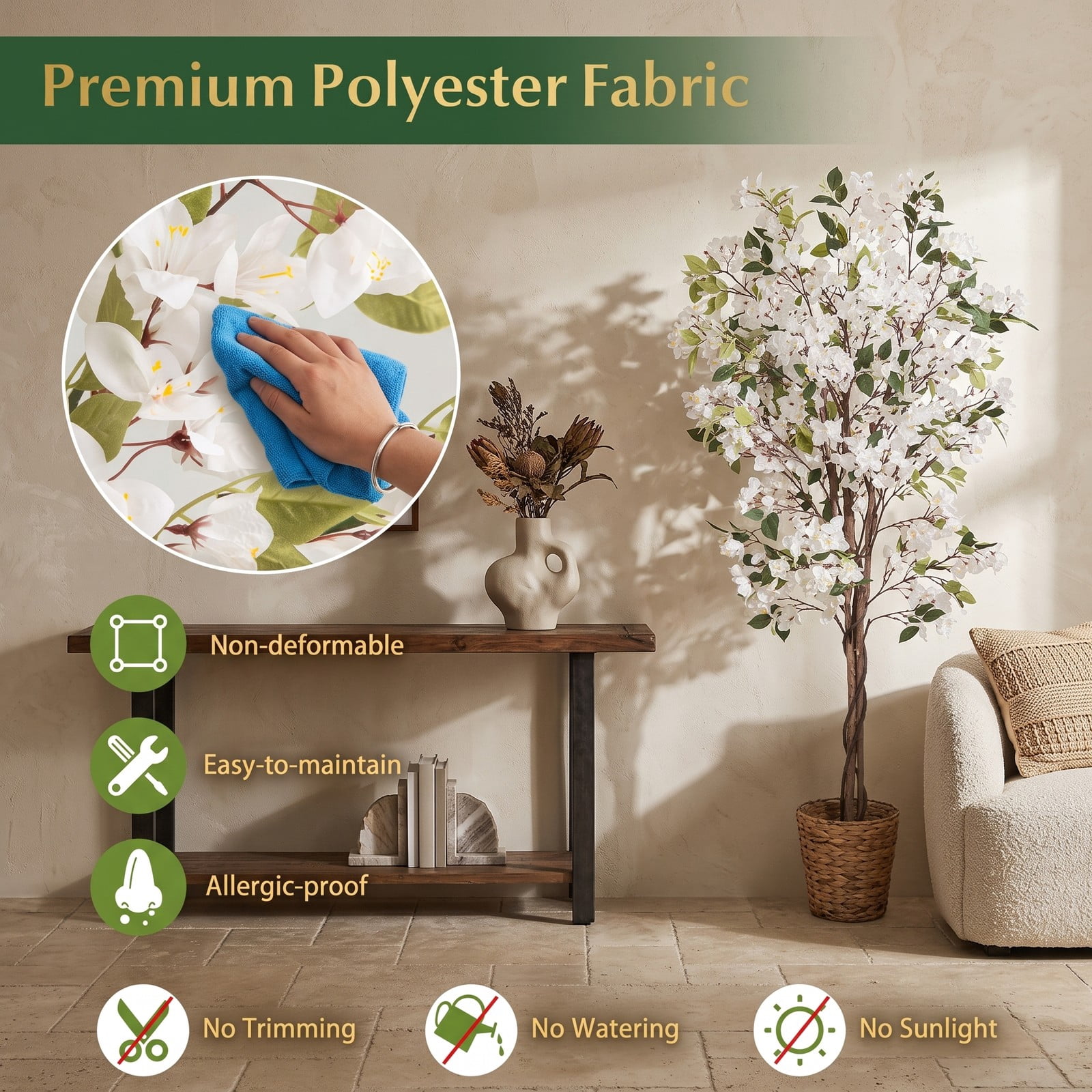 ALPULON 6 FT Artificial Bougainvillea Tree with 910 White Flowers, Faux Silk Flower Tree with Cement-Filled Planter for Indoor Outdoor Home Office Living Room, White