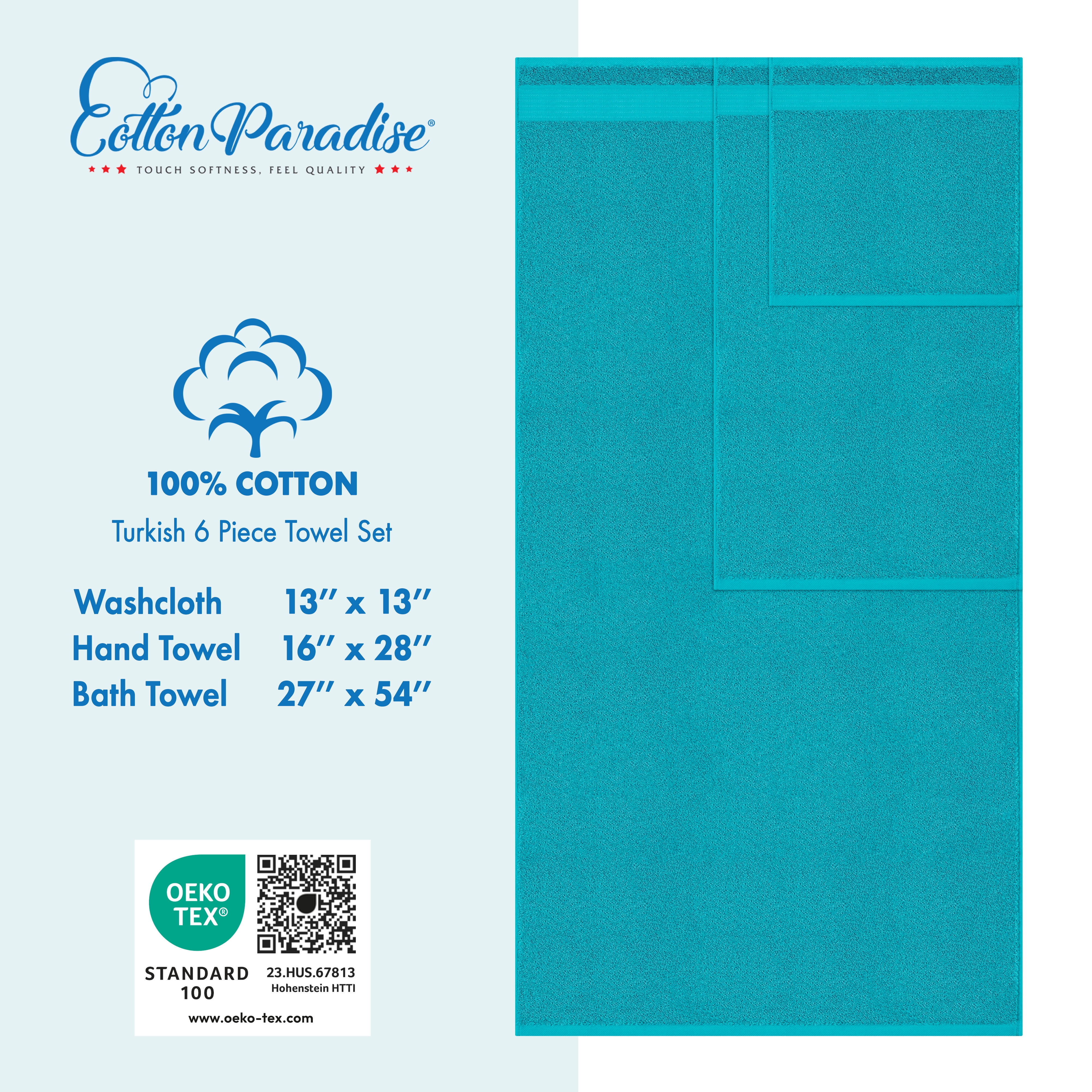 Cotton Paradise 100% Cotton 6 Piece Towel Set, Soft Absorbent Quick Dry Towels for Bathroom, Aqua Blue