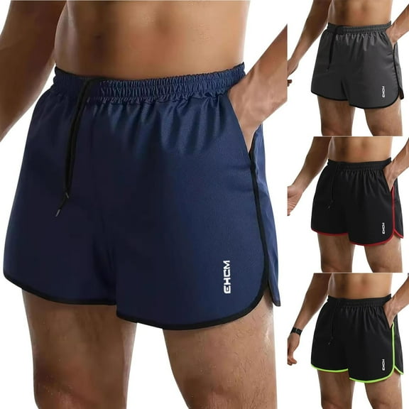 BiZtdJrK 3 Inches Quick Dry Running Shorts for Men Drawstring Elastic Waist Side Slits Athletic Jogging Shorts Gym Workout Shorts with Pockets, Black, L