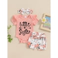 thumbnail image 2 of Bagilaanoe 3pcs Newborn Baby Girl Shorts Set Short Sleeve Letter Print Romper Tops + Flower Shorts + Headband 3M 6M 12M 18M 24M Infant Casual Summer Clothes, 2 of 7