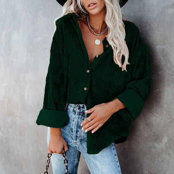 Zedker Casual Women's Corduroy Fashion Pits Striped Lapel Collar Long Sleeve Jackets with Chest Pocket, Comfy Loose Breathable Fall Clothes,Green,L