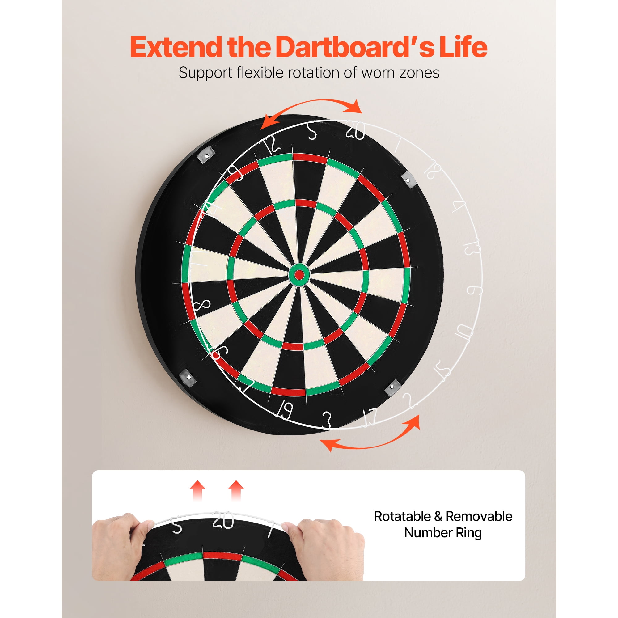 KFFKFF High-Quality Self-Healing Sisal Fiber Dartboard with Staple-Free Bullseye, Blade Wire & Rotating Number Ring, 17.7" Dartboard for Home Entertainment and Game Rooms (Darts Not Included)