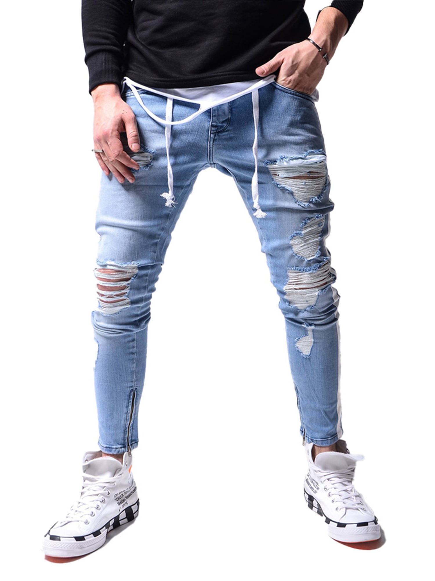 Men Skinny Jeans Destroyed Casual Pencil Pants Low Waist Slim Denim Trousers // 