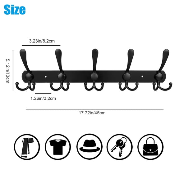 1 Pack Matte Black Coat Rack Wall Mount with 5 Tri Hooks for Hanging Towel, Bag, Hat, Keys - 16 Inch Heavy Duty 304 Stainless Steel Rustic Wall Hook Rack for Bathroom Entryway