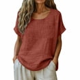 thumbnail image 2 of Craaazy Women Casual Loose Fit Blouse, Solid Color Short Sleeve Cotton Linen Top, Comfy Round Neck Tunic with Pocket for Daily Wear Gifts, 2 of 6