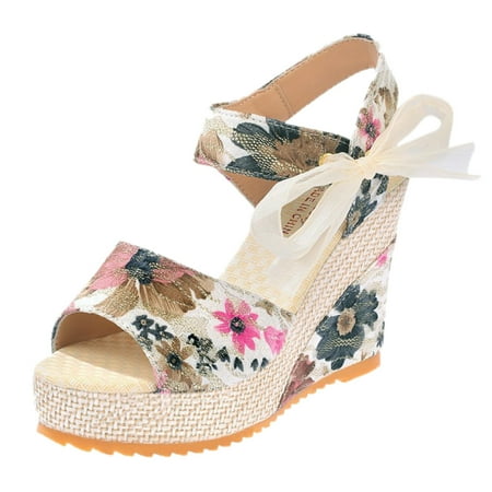 

TOYFUNNY Womens Floral Print Wedge Lace-Up Fish Mouth Sandals