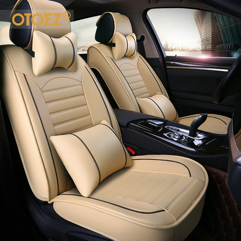 JOYOTO Universal Car Seat Covers Full Set with Headrest&Waist Pillow for  5-Seat Vehicles Front&Rear Full Coverage Seat Cushion, Black&Beige