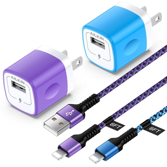 Compatible with iPhone Charger Cable Fast Charging AILKIN 2Pack Charger Block with 6ft Cord Cable Charging Block Plug Power USB Wall Charger Adapter Compatible with iPhone 14/13/12/11(Blue/Purple)