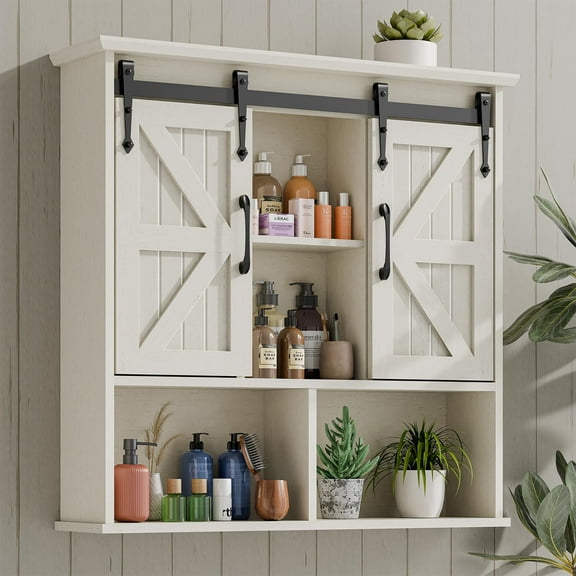 Bathroom Wall Cabinet with Double Sliding Barn Doors and Adjustable Shelves, Wooden Vintage Storage Cabinet Wall Mount