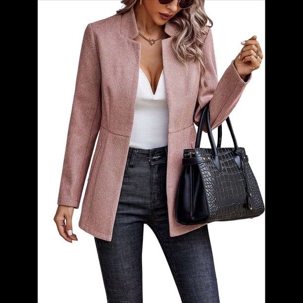 Chaqueta Blazer Informal de Oficina para Mujer, de Larga, con Solapa y Abertura Frontal. Rosa L
