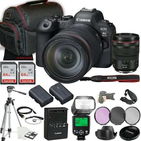 Canon EOS R6 Mark II Mirrorless Camera w/RF 24-105mm f/4 L IS USM Lens   2X 64GB Memory   Case   Filters   TTL Flash   More (30pc Bundle)