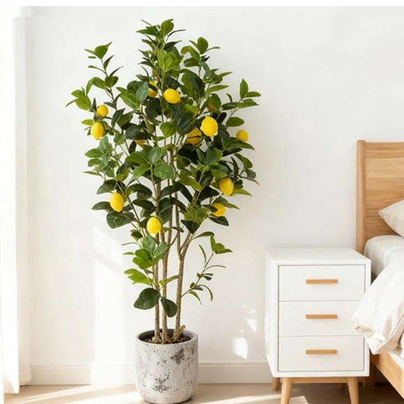 Realistic Artificial Lemon Tree, 5ft Tall Faux Citrus Plant – Lifelike Coastal Decor – Large Indoor Greenery for Living Room, Office, Kitchen – Black Basin Included