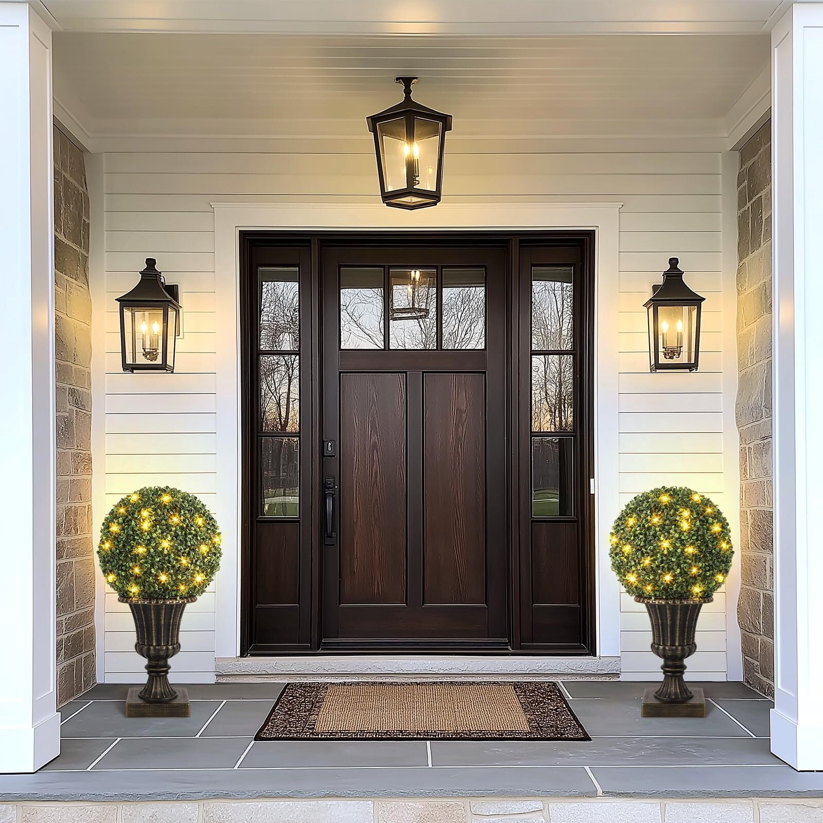 16inch Pre-Lit Faux Boxwood Balls With Sturdy Pot Base, Artificial Topiary Trees 2 Pack For Outdoor, UV Resistant & Waterproof Fake Greenery Plants Ball Tree For Front Porch Garden Home Decor