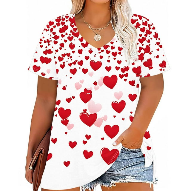 Xuyuer Women's Plus Size Leisure V-Neck Short Sleeve Printed Base Layer Shirt, Comfortable Casual Top for Everyday Wear, Relaxed Fit and Versatile Layering