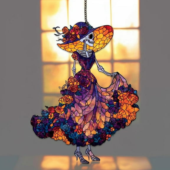 Halloween Catrina Lantern Effect Acrylic Suncatcher, Witch Lantern for Halloween Gift, Day of the Dead Ornament, Spooky Girl Decoration