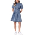 thumbnail image 1 of Vestido de mezclilla de mujer Inspire Chic con mangas cortas abullonadas, cuello y botones, estilo A-line, casual, talla S, azul medio, 1 of 5