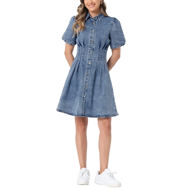 INSPIRE CHIC Vestido de Mujer de Mezclilla con Mangas Cortas Abullonadas y Cuello, Botones, Corte A-Line, Vestidos de Jean Casual XL Azul Medio