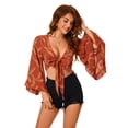 thumbnail image 6 of Women's Floral Print Boho Blouse - Deep V-Neck, Ruffled Crop Top with Bow Tie & Bell Sleeves, 6 of 7