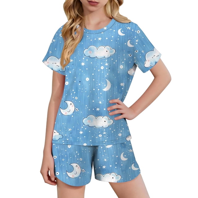 Kids Girls Fashion Cute Print Loose Short Sleeve Top Shorts Set Homewear Set