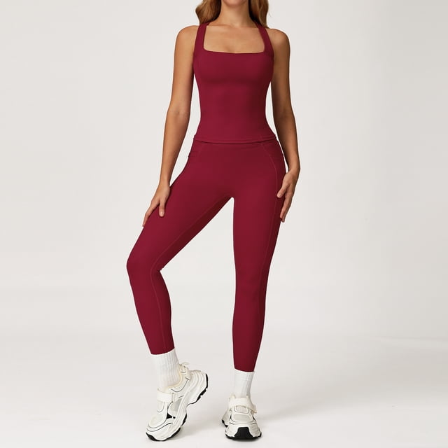 PISONIC Women Two Piece Workout Sets Racerback Tank Tops Matching High Waisted Leggings with Pockets Gym Yoga Outfits