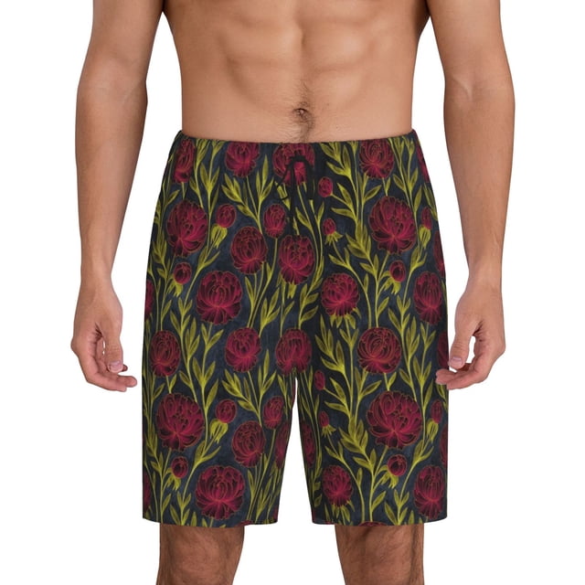 Balery Burgundy Peony Flowers Pantalones cortos de pijama de punto de algodón para hombre con cinturilla y bolsillos-4X-Large