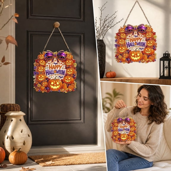 Fall Thanksgiving Halloween Decoration for Home Indoor Outdoor Clearance Under $15.00! Halloween DIY Diamond Art Hanging Wreath Handmade Wall Hanging Ornament For Holiday Front Door Decor