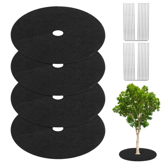 4-Pack Non-Woven Tree Mulch Ring, 24.4 Inch Tree Protector Mat W 16 Pcs Stakes for Plant Root Protection [Black]