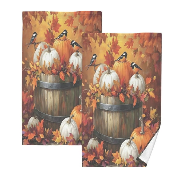 joogoo 2 PCs Hand Towels Sets Birds Autumn Leaves Pumpkins Cotton Face Towel Bathroom Decorative