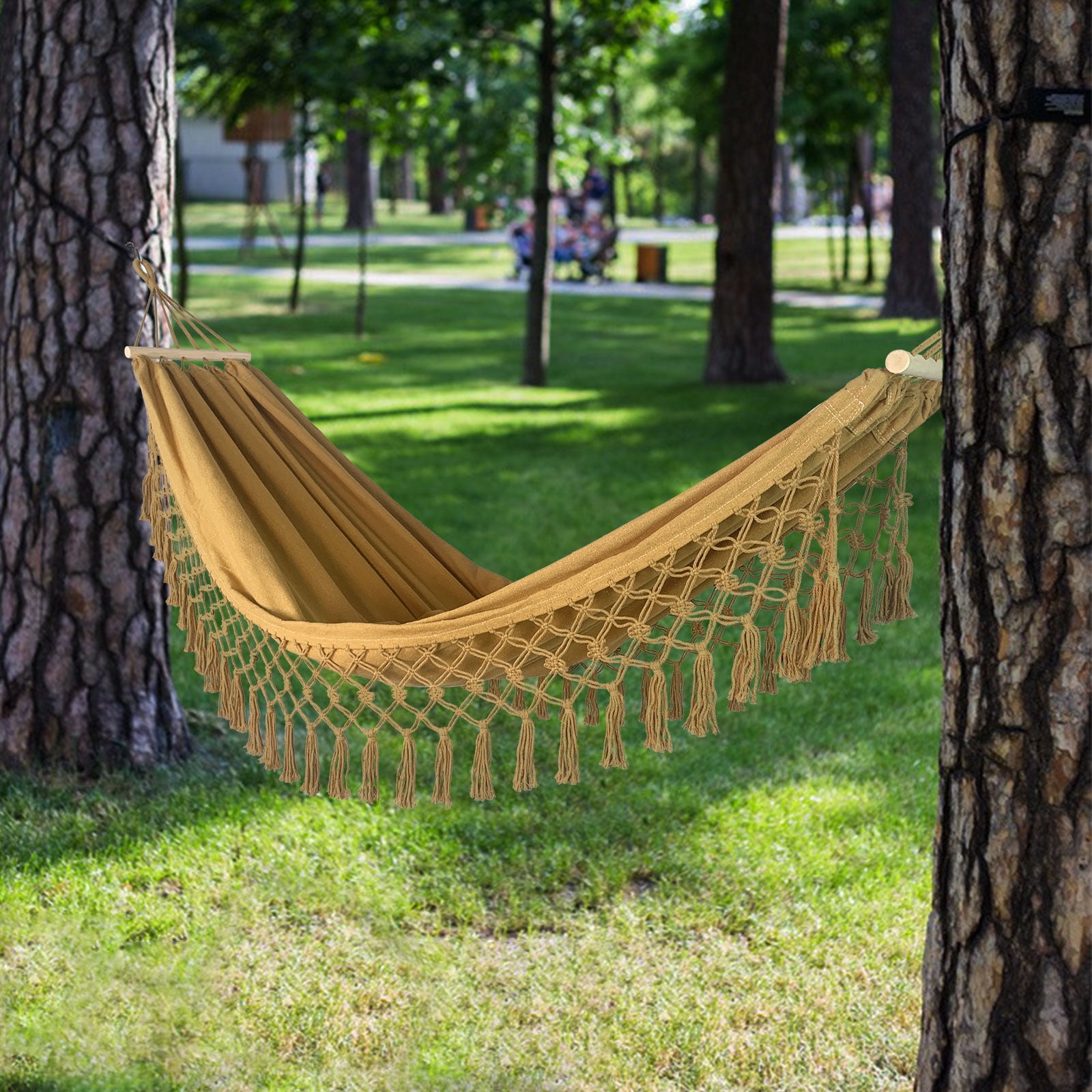 Portable Hammock Boho Tassel Nest Hammock Camping Double Hanging Swing Bed Suitable for Yard, Beach, Backyard, Garden (Camel)