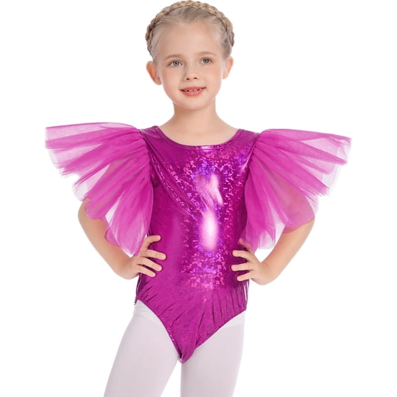 IBTOM CASTLE Shiny Metallic Ballet Leotards for Girls Toddler Ruffle Tulle Gymnastics Leotard Kids Halloween Dance Dress up 3-4 Years Hot Pink