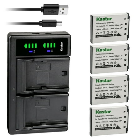 Kastar 4-Pack Battery and LTD2 USB Charger Compatible with Casio NP-70 NP70 CNP-70 CNP70 Battery Casio BC-70L Charger Casio Exilim Zoom EX-Z250RD Exilim Zoom EX-Z250SR Zoom EX-Z150 EX-Z155 Camera